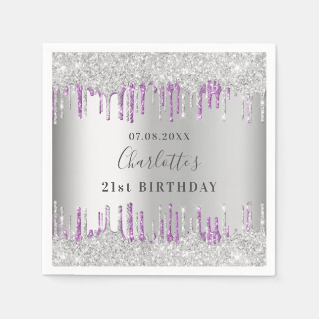 Birthday silver purple glitter drip monogram napkins (Front)