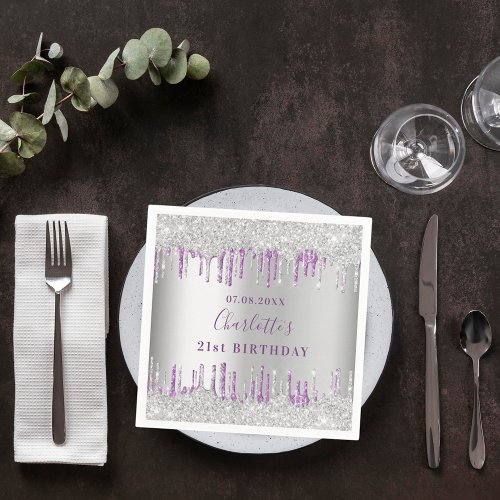 Birthday silver purple glitter drip monogram napkins