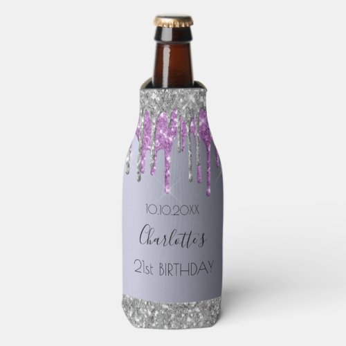 Birthday silver purple glitter drips bottle cooler