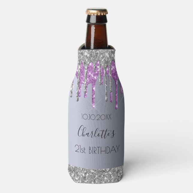 Birthday silver purple glitter drips bottle cooler (Bottle Front)
