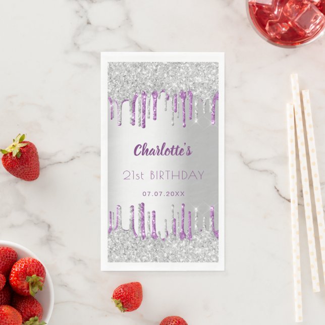 Birthday silver purple glitter drips monogram paper guest towels (Insitu)