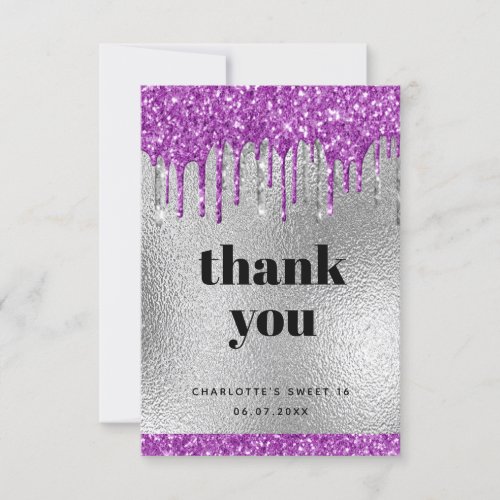 Birthday silver purple glitter drips thank you card