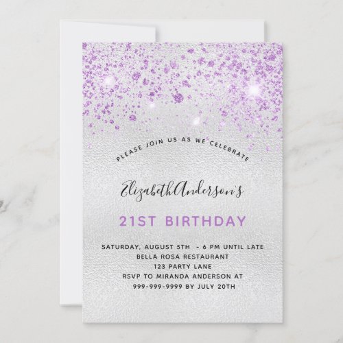 Birthday silver purple glitter drops invitation