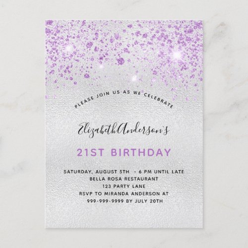 Birthday silver purple glitter drops invitation postcard