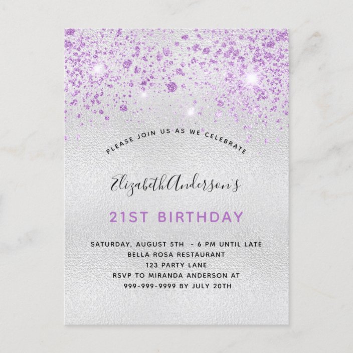 Birthday silver purple glitter drops invitation postcard | Zazzle.com