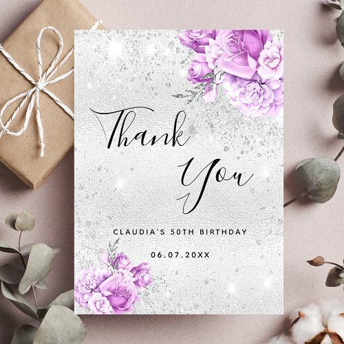 Birthday silver purple glitter dust floral thank you card