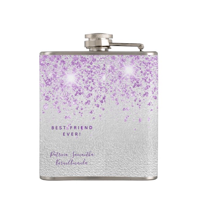 Birthday silver purple glitter dust friends flask (Back)