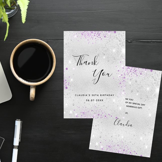Birthday silver purple glitter dust glamorous thank you card (Creator Uploaded)