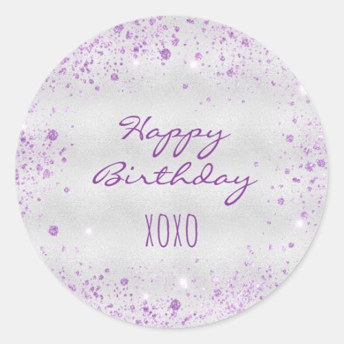 Birthday silver purple glitter dust hugs classic round sticker