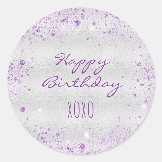 Birthday silver purple glitter dust hugs classic round sticker (Front)