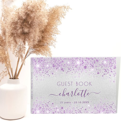 Birthday silver purple glitter dust metal monogram guest book