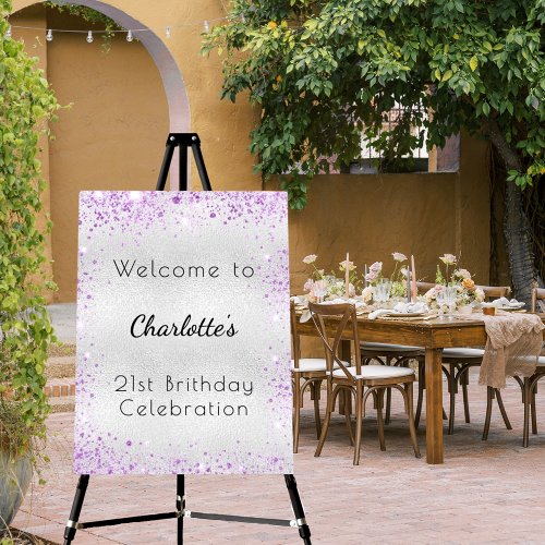 Birthday silver purple glitter dust metal welcome foam board