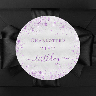 Birthday silver purple glitter dust monogram classic round sticker