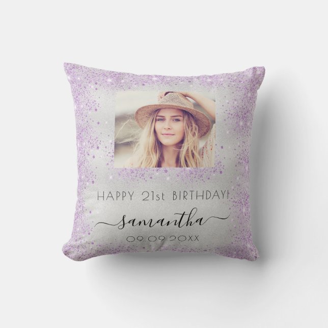 Birthday silver purple glitter dust monogram photo throw pillow (Front)