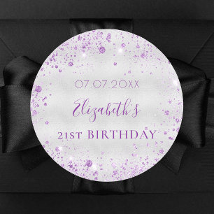 Birthday silver purple glitter dust name date classic round sticker