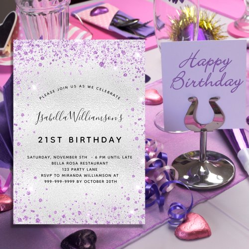 Birthday silver purple glitter dust sparkle invitation