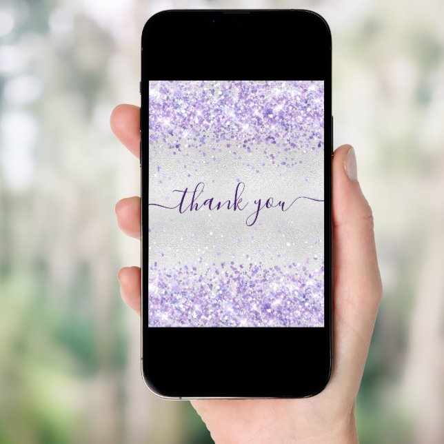 Birthday silver purple glitter dust thank you card (Front Digital)