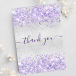 Birthday silver purple glitter dust thank you card<br><div class="desc">A feminine and elegant birthday thank you card. A faux silver metallic looking background color. With purple, violet faux glitter dust. On front large hand lettered script and the text: Thank You. Back: Personalize and add Your thank you note and name. The name is written with a modern hand lettered...</div>