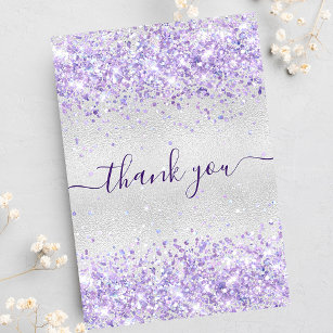 Birthday silver purple glitter dust thank you card