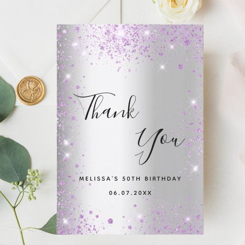 Birthday silver purple glitter elegant thank you card