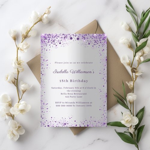Birthday silver purple glitter invitation