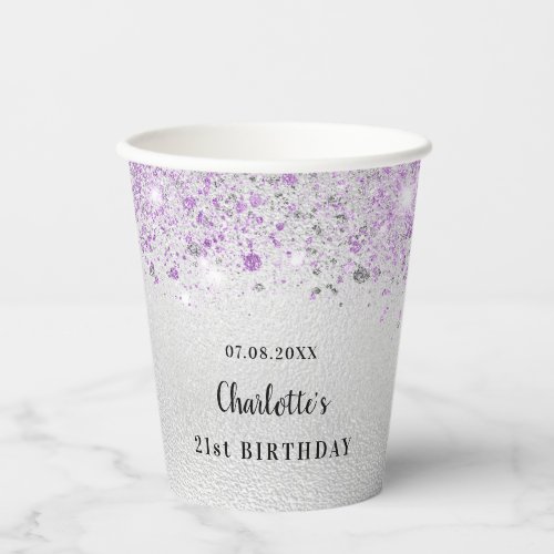 Birthday silver purple glitter monogram  paper cups