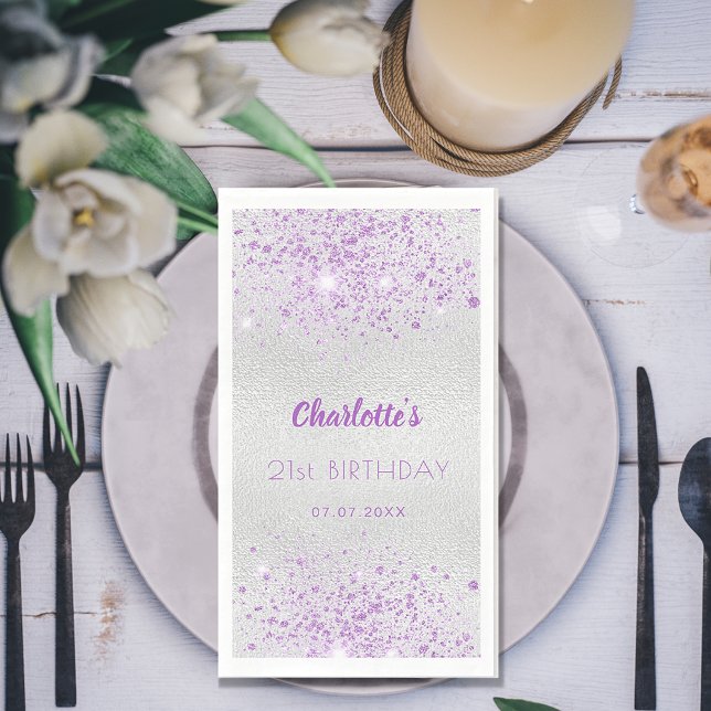 Birthday silver purple glitter monogram paper guest towels (Creator Uploaded)