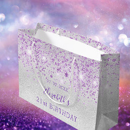 Birthday silver purple glitter name large gift bag