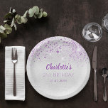 Birthday silver purple glitter name paper plates<br><div class="desc">For a girly and glamorous 21st (or any age) birthday party.  A silver faux looking background with purple faux glitter drops. The text: The name is written in purple modern hand lettered style script. Personalize and add a name,  age 21 and a date.</div>