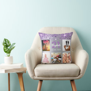 Birthday silver purple glitter photo collage name throw pillow