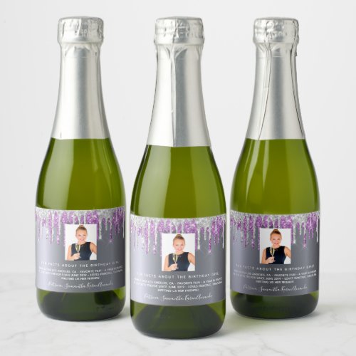 Birthday silver purple glitter photo fun facts bio sparkling wine label