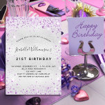 Birthday silver purple glitter sparkle invitation postcard<br><div class="desc">For an elegant 21st (or any age) birthday. A faux silver metallic looking background. Decorated with purple faux glitter dust. Personalize and add a name, age and party details. The name is written with a hand lettered style script, Back: faux silver background, postcard design. Tip: If you don't want it...</div>