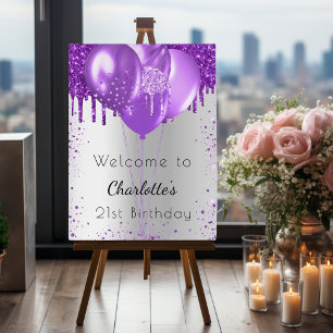 Birthday silver purple glitter welcome balloons foam board