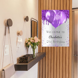 Birthday silver purple glitter welcome balloons poster