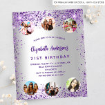 Birthday silver purple photo budget invitation<br><div class="desc">A girly and feminine 21st (or any age) birthday party invitation. On front: A trendy faux silver looking background. Decorated with dark purple faux glitter, sparkles. Personalize and add a name, party details and 6 photos. The name is written with a hand lettered style script, purple colored letters. Back: faux...</div>