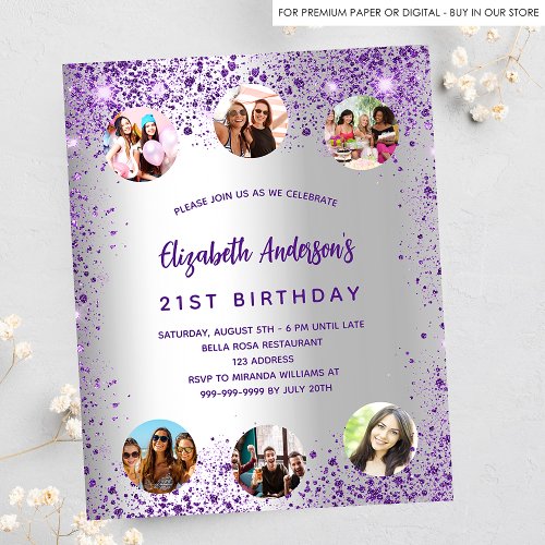 Birthday silver purple photo budget invitation flyer
