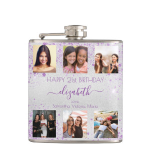 Birthday silver purple photo collage friends flask
