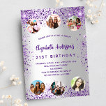 Birthday silver purple photo friends luxury invitation<br><div class="desc">A girly and feminine 21st (or any age) birthday party invitation. On front: A trendy faux silver looking background. Decorated with dark purple faux glitter, sparkles. Personalize and add a name, party details and 6 photos. The name is written with a hand lettered style script, purple colored letters. Back: faux...</div>