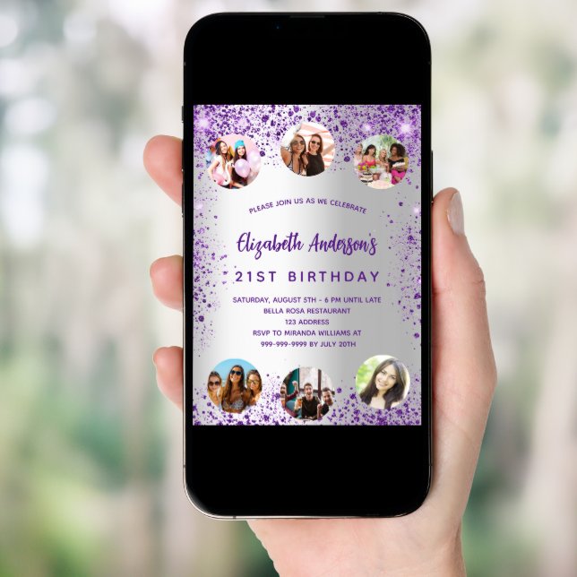 Birthday silver purple photo friends luxury invitation (Front Digital)