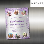 Birthday silver purple photo friends luxury magnetic invitation<br><div class="desc">A girly and feminine 21st (or any age) birthday party magnetic invitation. On front: A trendy faux silver looking background. Decorated with dark purple faux glitter,  sparkles. Personalize and add a name,  party details and 6 photos. The name is written with a hand lettered style script,   purple colored letters.</div>