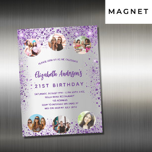 Birthday silver purple photo friends luxury magnetic invitation