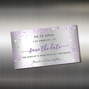 Birthday silver purple save the date magnet