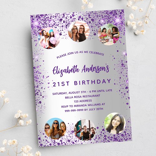 Birthday silver purple sparkles photo friends invitation postcard