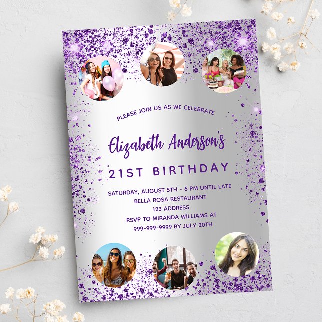 Birthday silver purple sparkles photo friends invitation postcard (Creator Uploaded)