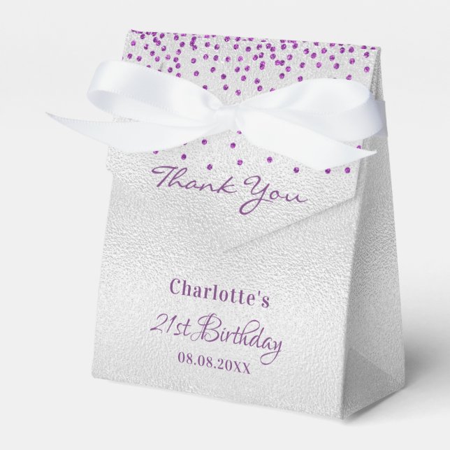 Birthday silver purple thank you  favor boxes (Front Side)