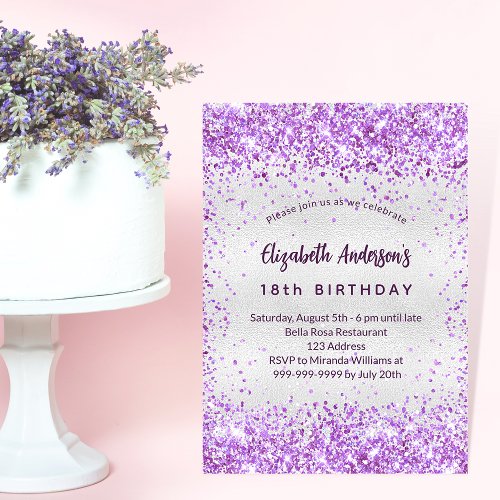 Birthday silver purple violet glitter glamorous invitation postcard