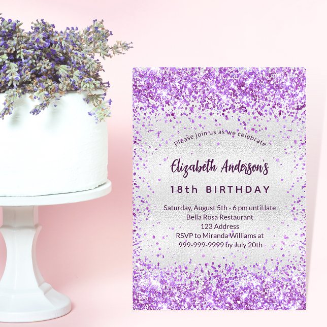 Birthday silver purple violet glitter glamorous invitation postcard (Creator Uploaded)