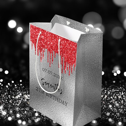 Birthday silver red glitter drips  medium gift bag