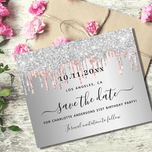 Birthday silver rose glitter budget save the date flyer