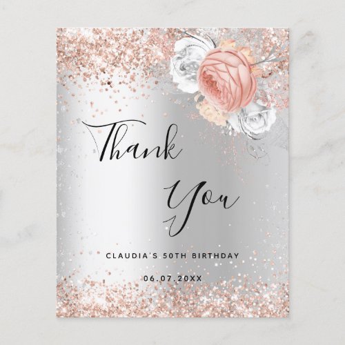 Birthday silver rose gold budget thank you note flyer